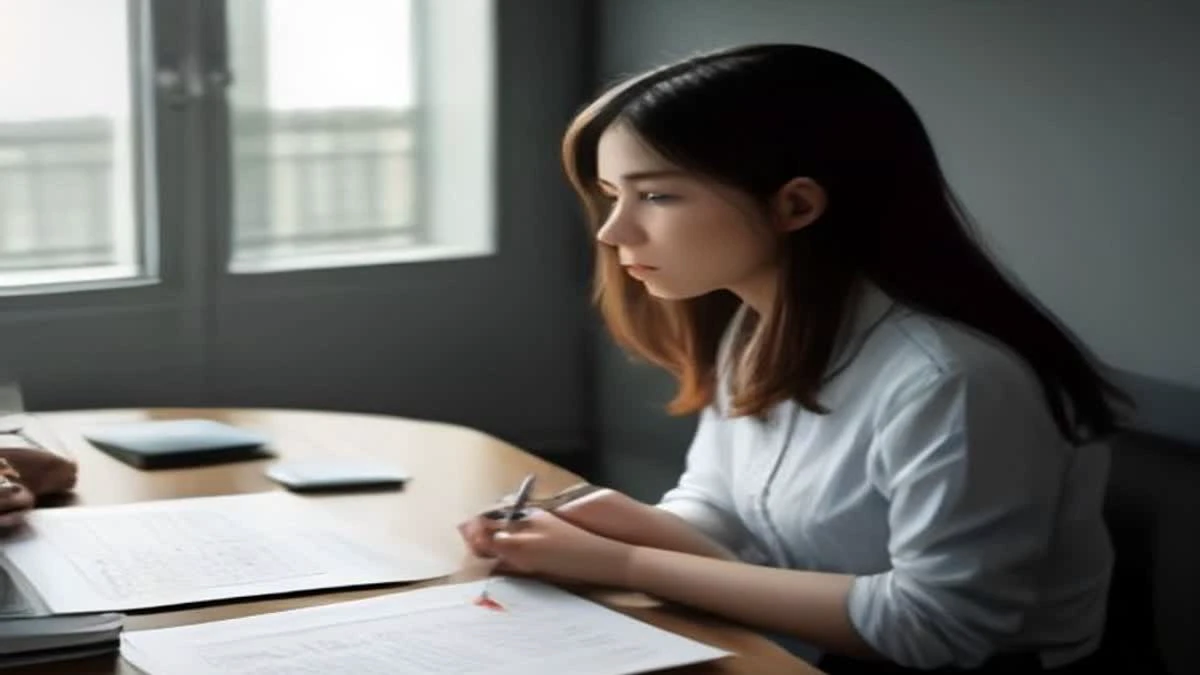medium shot of a small office meeting with two people reviewing printed charts on a desk, overcast diffused light, used as the opening image