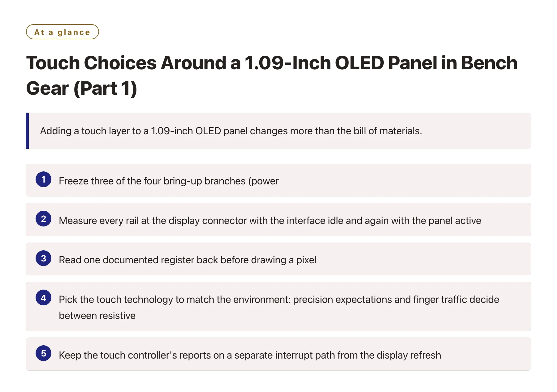 Touch Choices Around a 1.09-Inch OLED Panel in Bench Gear (Part 1)——全文要点速览