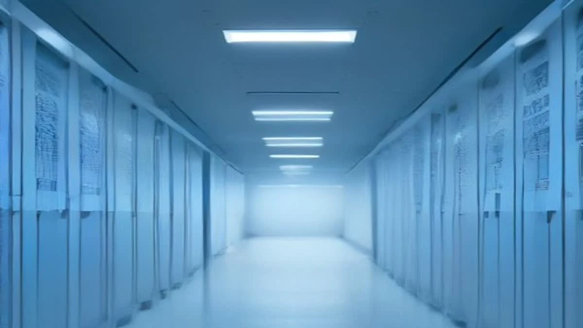 Modern data centre aisle with white server racks and blue indicator lights